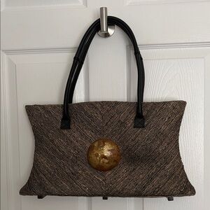 Elegant Golden Woven Vetiver Tote Bag with Wood Accent